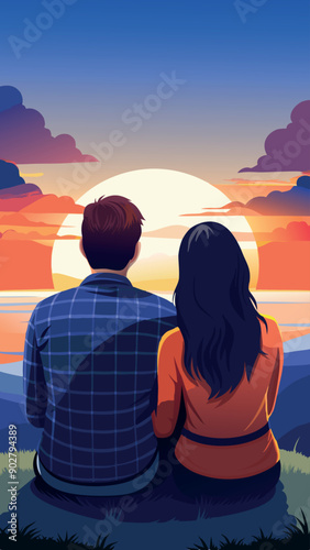 Young couple watching sunset over ocean sitting on mountain top