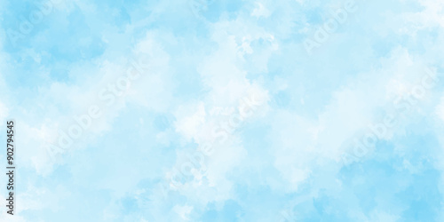blue sky with clouds. Light sky blue shades watercolor background. Sky Nature Landscape Background. sky background with white fluffy clouds.><	