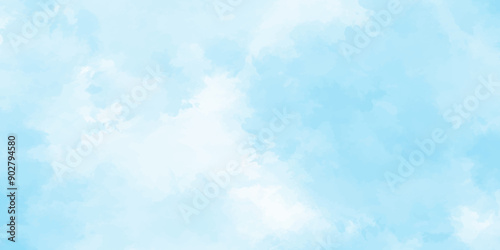 blue sky with clouds. Light sky blue shades watercolor background. Sky Nature Landscape Background. sky background with white fluffy clouds.><	