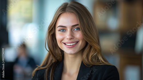 Beautiful smiling young business woman in a modern office