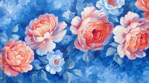 Vibrant Floral Artwork: Lush Roses and Delicate Blossoms on Blue Canvas