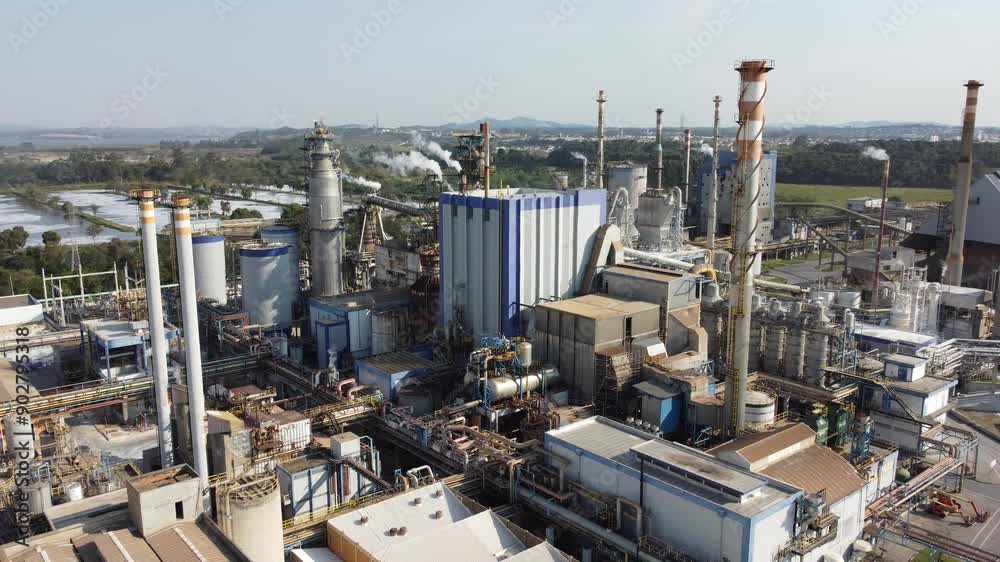 video 4k drone aerial view of a cellulose and paper company in brazil