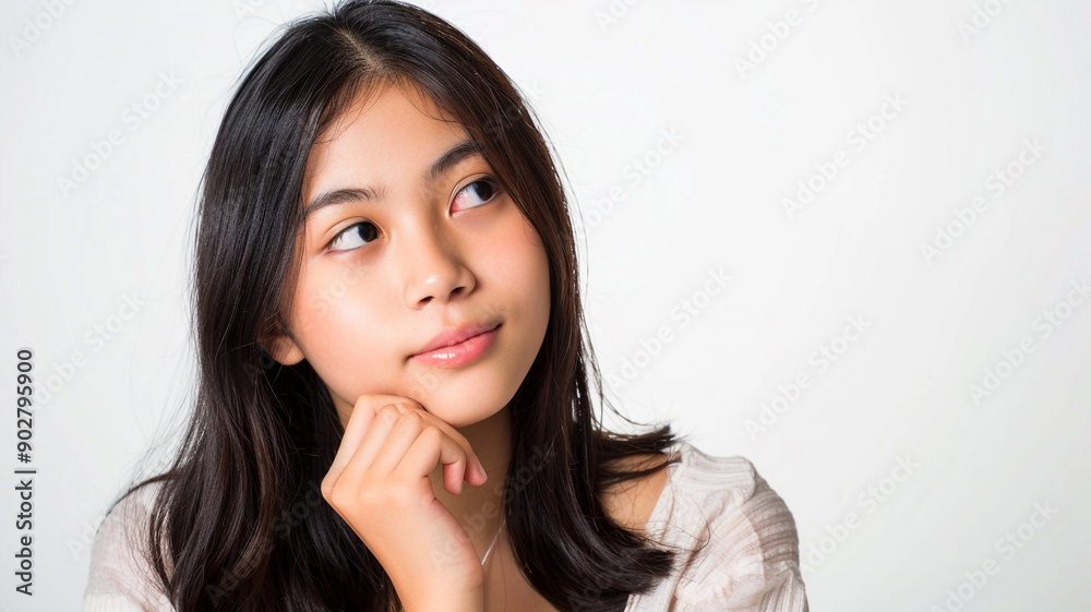 Cute asian girl thinking with hand on chin isolated on white background Cute asian girl thinking with hand on chin isolated on white background