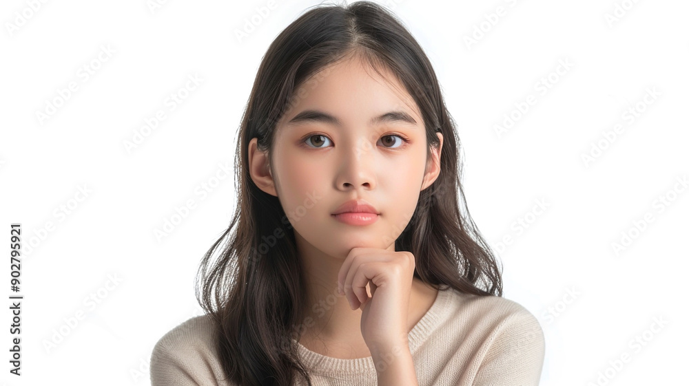 Cute asian girl thinking with hand on chin isolated on white background Cute asian girl thinking with hand on chin isolated on white background
