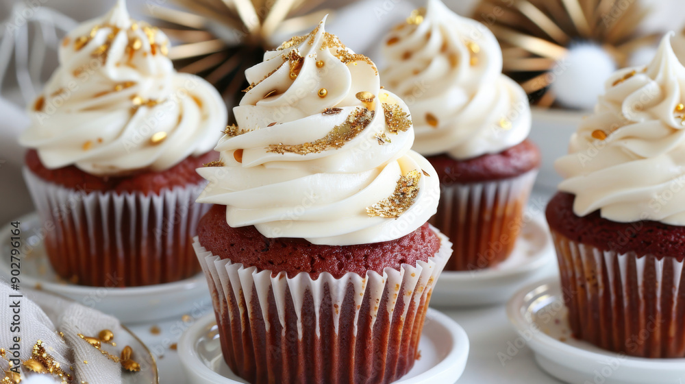 Red velvet cupcakes with cream cheese frosting and golden sprinkles arranged on a white background, perfect for celebrations Red velvet cupcakes with cream cheese frosting and golden sprinkles arranged on a white background, perfect for celebrations