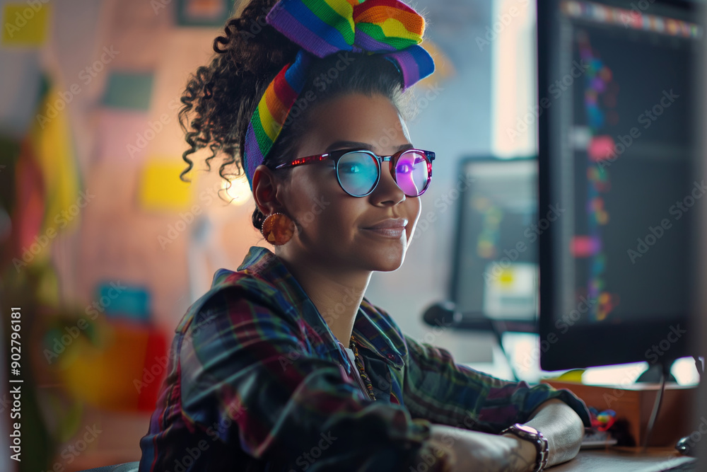 Creative LGBTQ individual in an inclusive workspace, sporting a rainbow headband and glasses, engaged in computer work.
Creative LGBTQ individual in an inclusive workspace, sporting a rainbow headband and glasses, engaged in computer work.