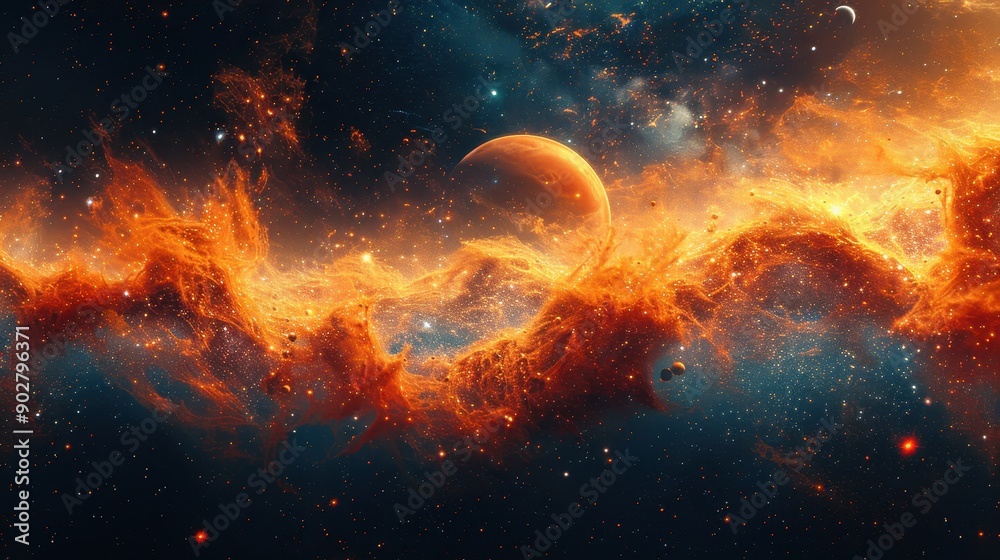 Cosmic Nebula with Planet and Stars - Illustration Cosmic Nebula with Planet and Stars - Illustration