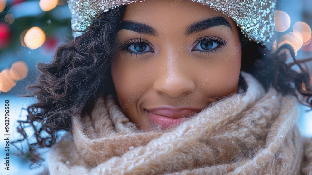 Sparkling Winter Bliss: Close-Up of Smiling Woman in Snowy Ambiance Sparkling Winter Bliss: Close-Up of Smiling Woman in Snowy Ambiance