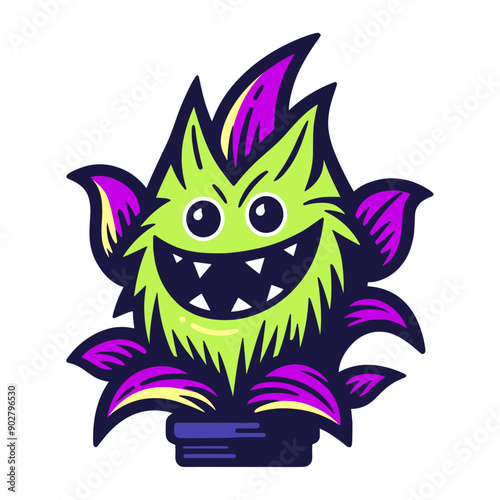dangerous plant with fangs, cartoon predator character illustration