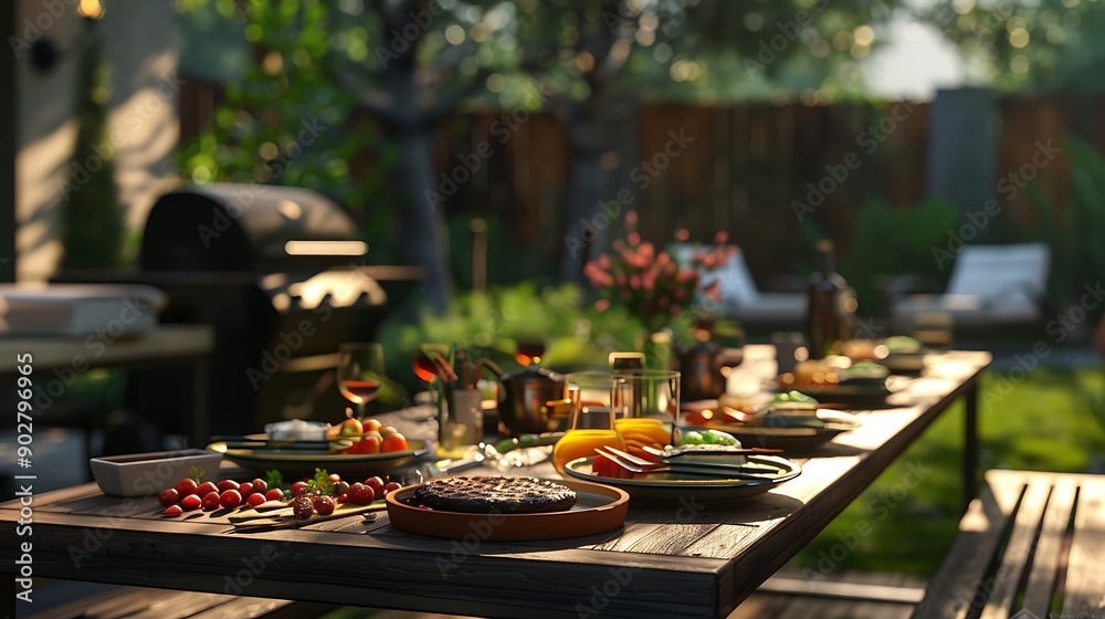 Food consumed table with bbq in the backyard Food consumed table with bbq in the backyard