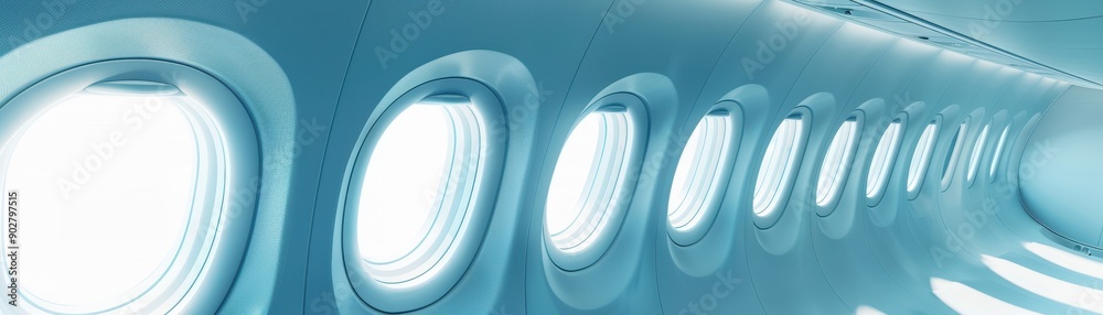 Obraz premium The blue sky is filled with clouds and the windows of the airplane are open. The view from the windows is breathtaking and the passengers are enjoying the view