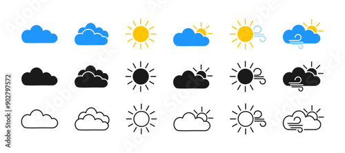 Weather icon. Cloudy, sunny, windy. Linear, flat and silhouette. Vector