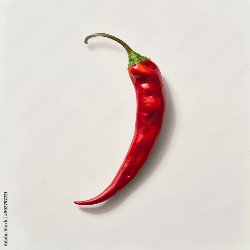 Single red chili pepper with a green stem on a plain white background. Single red chili pepper with a green stem on a plain white background.