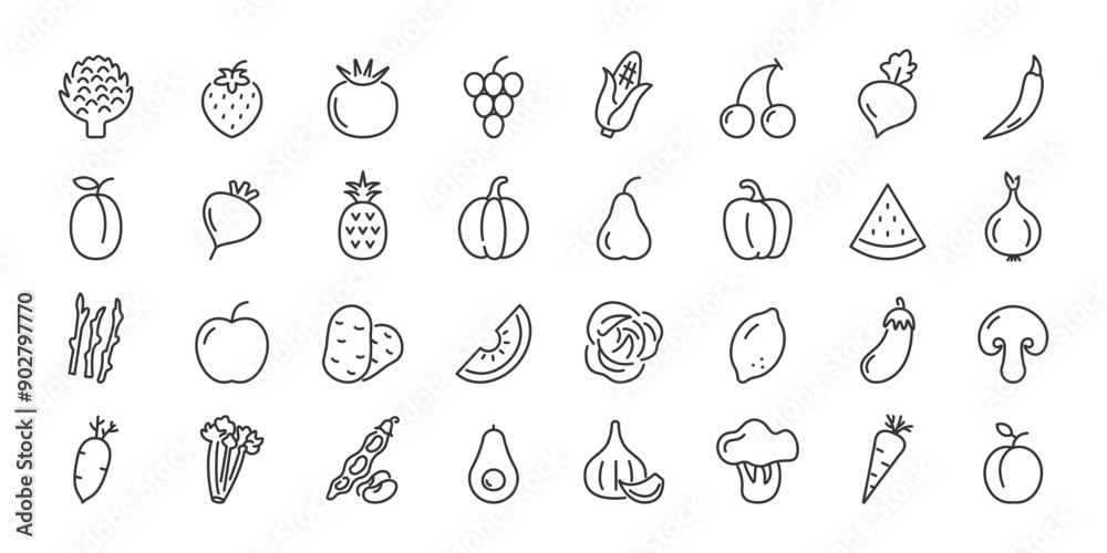 Fruits and vegetables icons collection. Vector line icon illustration Fruits and vegetables icons collection. Vector line icon illustration