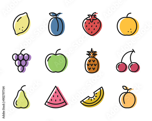 Colorful Fruit icons set. Fresh fruit in flat style. Vector illustration