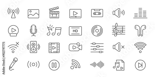 Audio and video icons set. Content line icons set. Music,  television, camera, microphone, earphones, cinema, television. Vector illustration