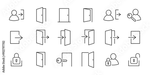 Open door icon set. Login and logout, key, lock, exit, register icons. Vector