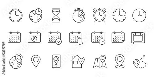 Set of time, location and date icons set. Address icon. Vector