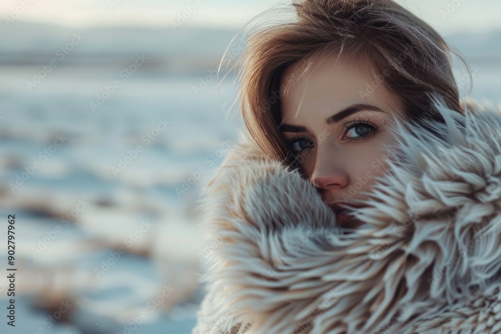 A woman dressed in a fur coat stands in a snowy environment, possibly on vacation or enjoying winter activities A woman dressed in a fur coat stands in a snowy environment, possibly on vacation or enjoying winter activities