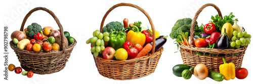Set of Healthy organic vegetables and fruits in a wicker basket isolated on transparent background