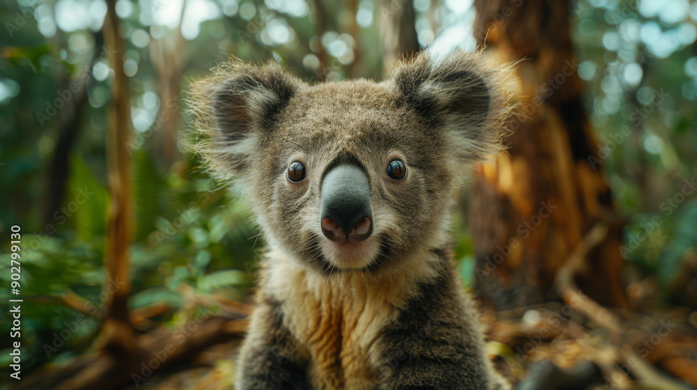 Fototapeta premium Adorable koala with wide eyes staring curiously into the camera, surrounded by a lush, green forest environment.