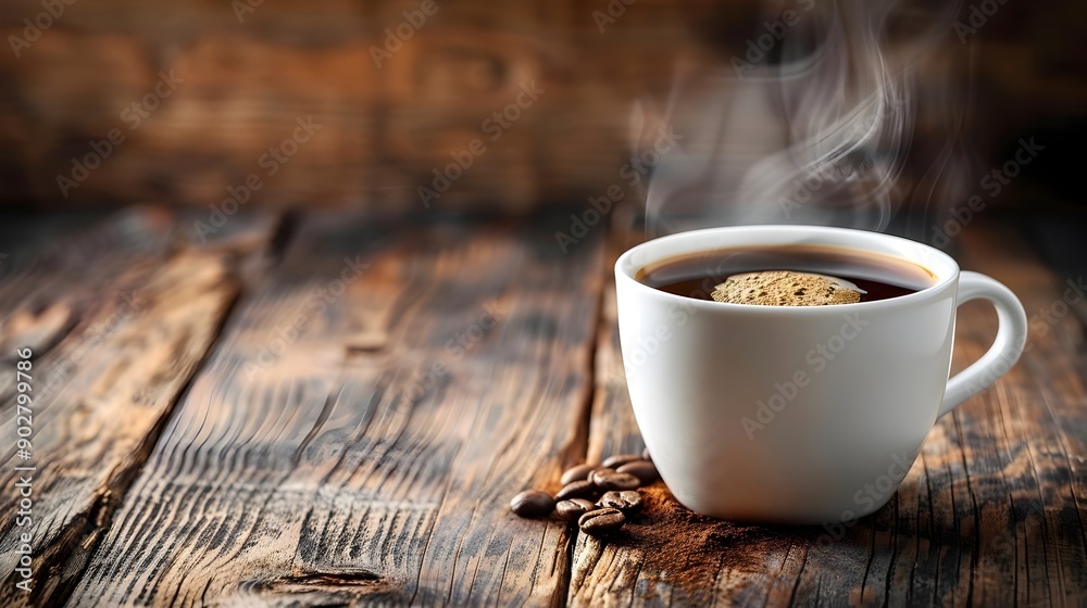 Steaming Cup of Black Coffee on Rustic Wooden Table Minimalist Inviting Concept with Copyspace Steaming Cup of Black Coffee on Rustic Wooden Table Minimalist Inviting Concept with Copyspace