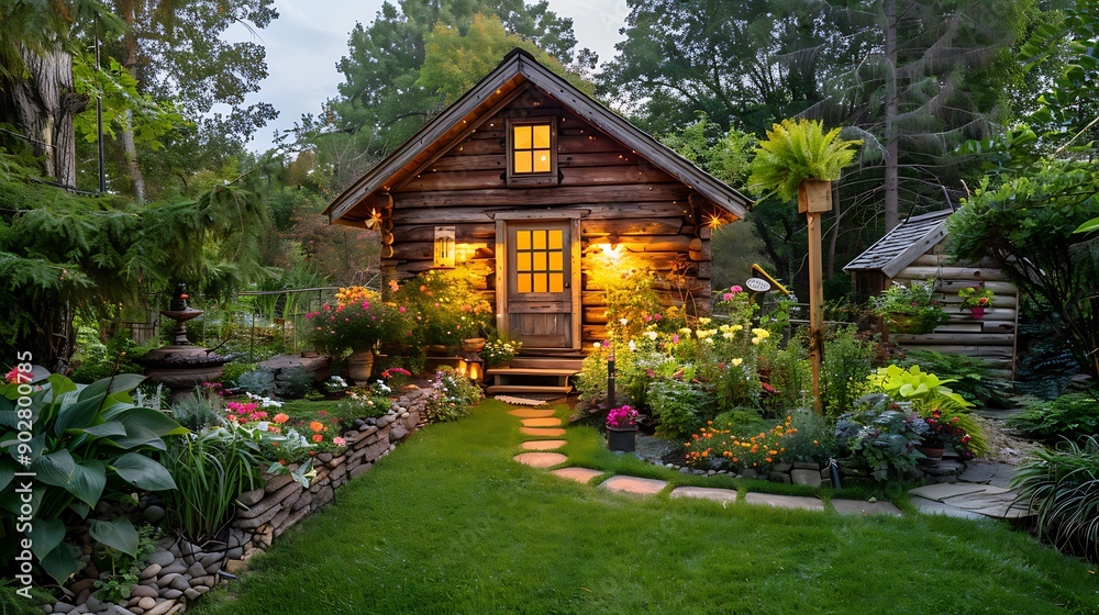 Front of rustic garden shed and beautiful backyard garden with led lighting installed