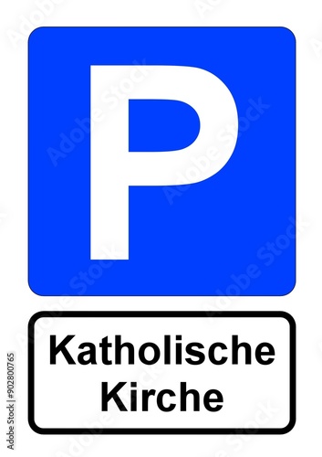 Illustration eines blauen Parkplatzschildes mit der Aufschrift "Katholische Kirche" 