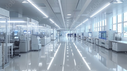 Modern technological laboratory with advanced equipment and engineers working