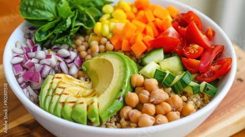 Colorful Buddha bowl featuring brown rice, avocado, chickpeas, diced vegetables, and fresh greens for a healthy meal photo