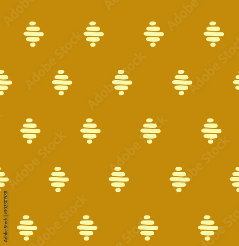Seamless repeatable pattern of small honey barrel, rhombs, on mustard, honey, gold background. 
