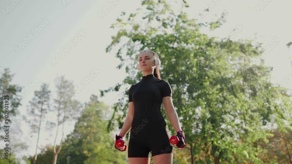 Focused young female athlete performing an outdoor workout in a park, using dumbbells to tone her arms. Young Woman Exercising Outdoors in a Park with Dumbbells Focused young female athlete performing an outdoor workout in a park, using dumbbells to tone her arms. Young Woman Exercising Outdoors in a Park with Dumbbells
