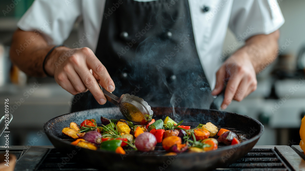 Close-up of a Chef Cooking Saut�ed Vegetables in a Pan Close-up of a Chef Cooking Saut�ed Vegetables in a Pan