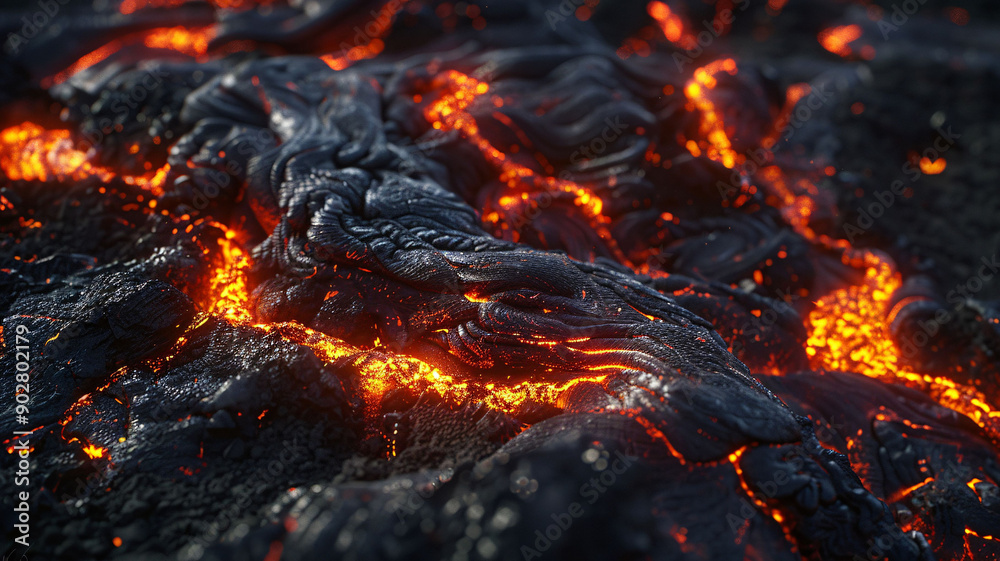 Fototapeta premium Detailed view of molten lava flow during an active volcanic eruption
