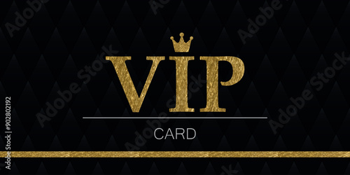VIP Discount card, black background, gold letters, crown