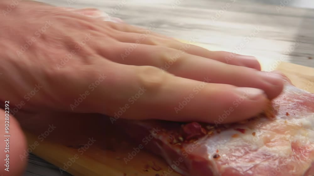 Close-up of the juicy raw ribs on the wooden board sprinkled with the mix of spices. High quality 4k footage Close-up of the juicy raw ribs on the wooden board sprinkled with the mix of spices. High quality 4k footage