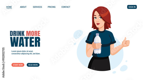 Young redheaded woman holds bottle of water. Female sporty character with water bottle showing thumbs up. Drink more water concept. Vector illustration, website, web page design.