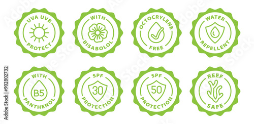 sun protection icon set uva uvb spf black outline icon round rounded circle badge stamp label isolated on transparent background, green stamp set, icon set
