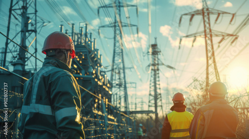 Workers in safety gear inspecting a power plant with high voltage lines and towers, silhouetted against the sunrise.