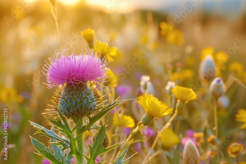 A single thistle flower grows among a field of bright yellow and purple flowers photo