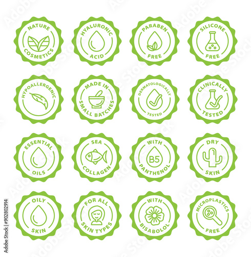 nature cosmetics icon set stamps outline icon round rounded circle badge stamp label isolated on transparent background, green stamp set, icon set