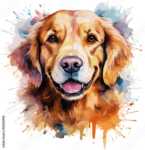 Illustration of a happy dog's head on a colorful background