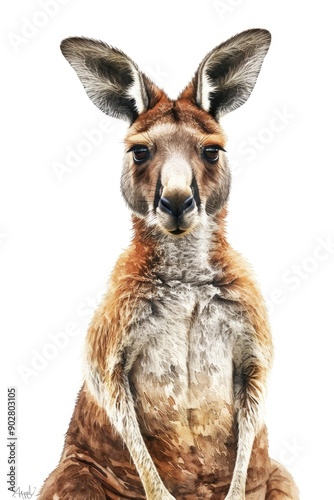 A close-up view of a kangaroo's face on a white background