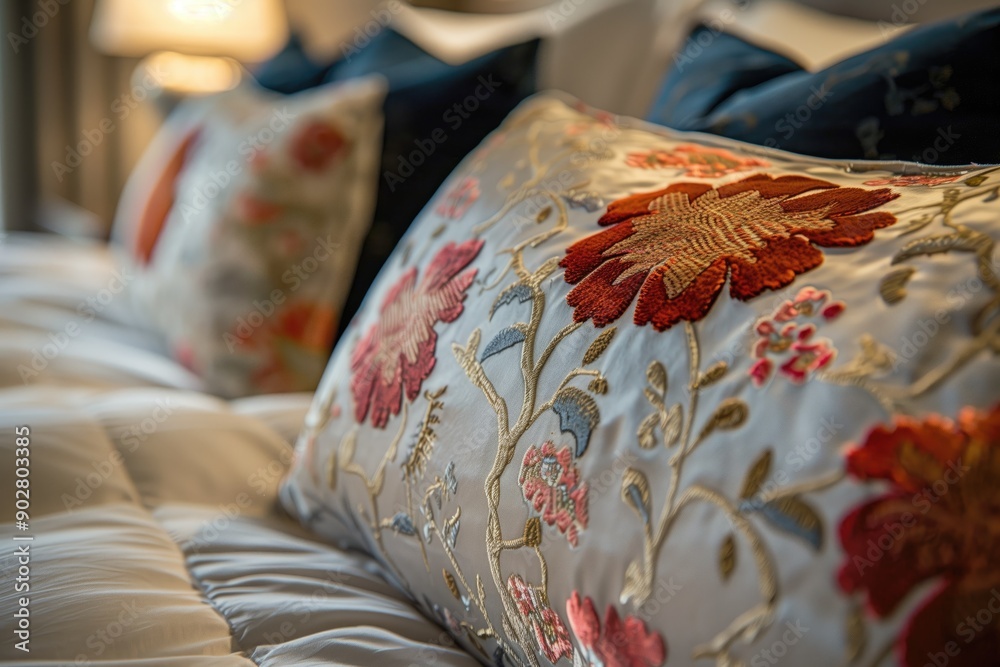 Elegant Embroidered Floral Cushions on Luxurious Bedding in a Cozy Bedroom Setting. Suitable for textile advertising or hospitality industry promotions. Elegant Embroidered Floral Cushions on Luxurious Bedding in a Cozy Bedroom Setting. Suitable for textile advertising or hospitality industry promotions.