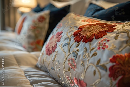 Elegant Embroidered Floral Cushions on Luxurious Bedding in a Cozy Bedroom Setting. Suitable for textile advertising or hospitality industry promotions.