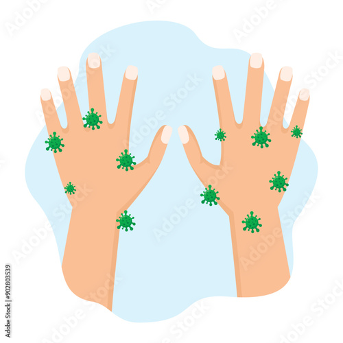 concept illustration of dirty hands, hands full of germs or bacteria, flat style vector illustration.