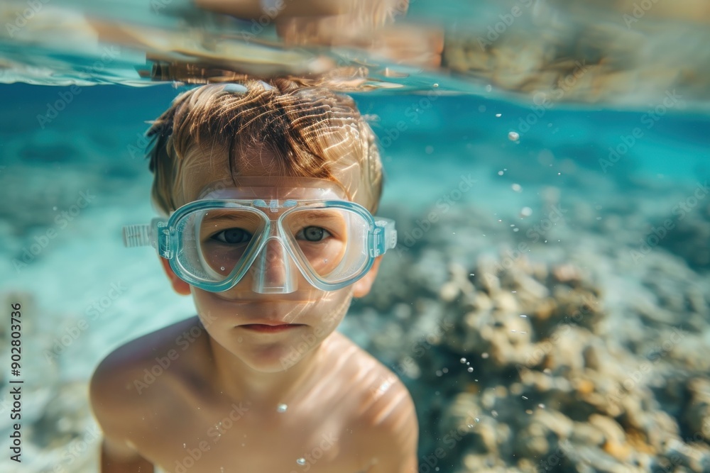 Naklejka premium Close-Up of Cute Little child Wearing Swimming Mask in Clear Blue Water