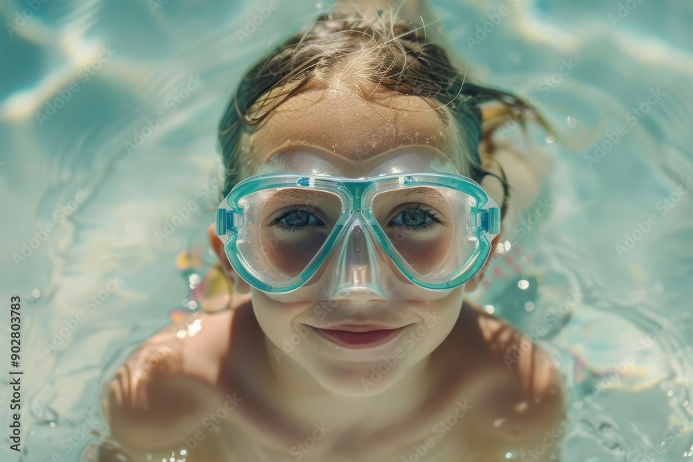 Naklejka premium Close-Up of Cute Little child Wearing Swimming Mask in Clear Blue Water