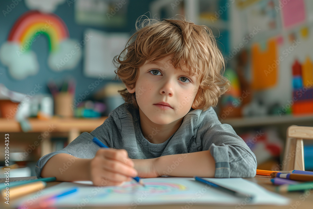 Caucasian boy coloring with crayons in classroom. Caucasian boy coloring with crayons in classroom.