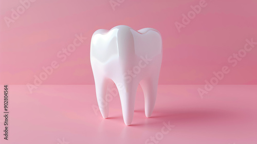 3D rendering of a white tooth on a pink background, symbolizing dental health and hygiene.